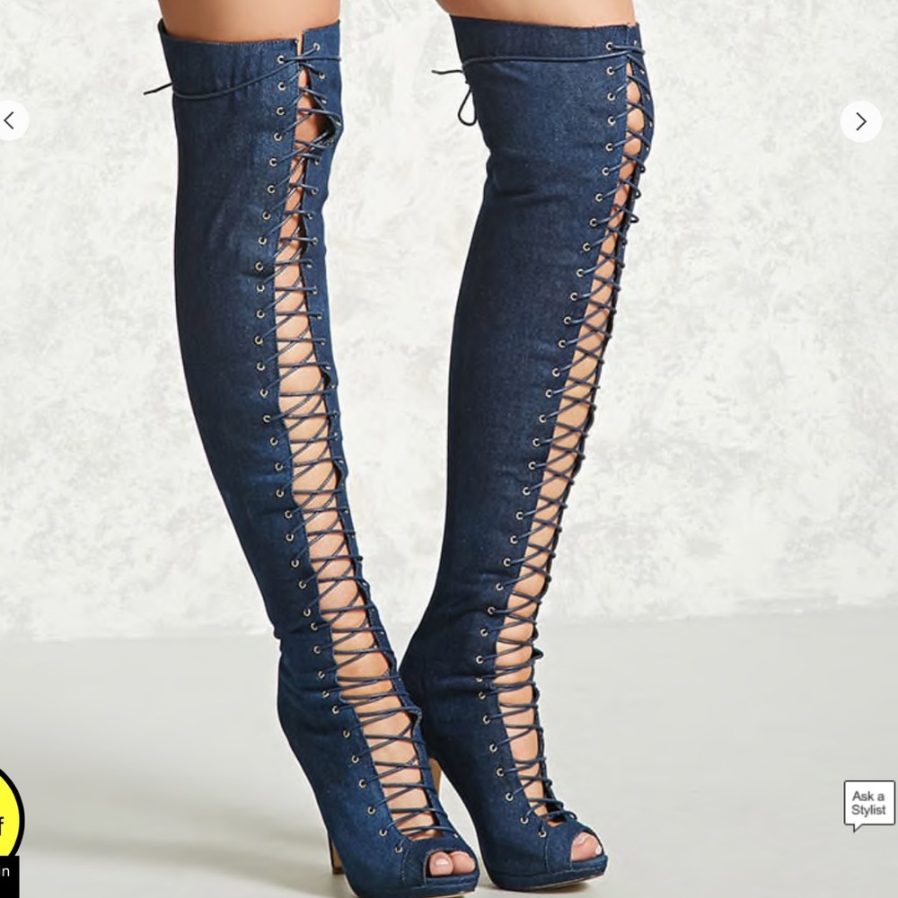 Denim high heel knee boots
